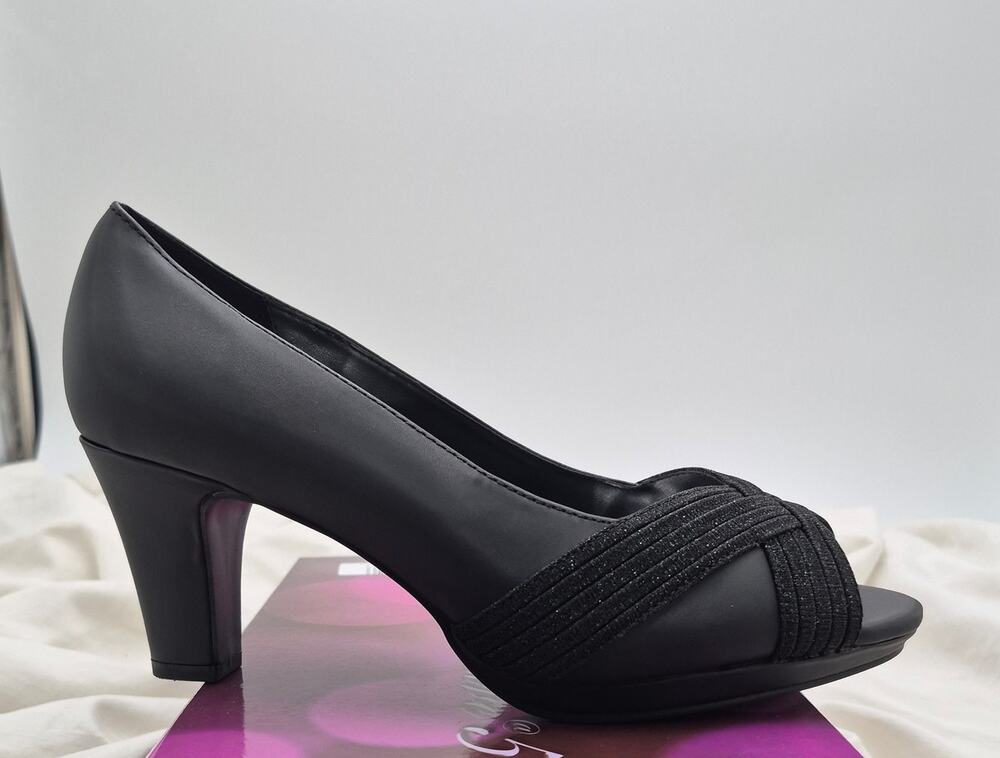 NEW Easy Street Lavish Platform Peep Toe Pumps Black glitter strap Women 8 WW